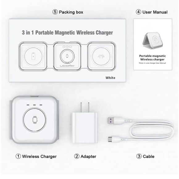 RTOPS 3 In 1 Portable Magnetic Wireless Charger IPhone Apple Watch AirPods White - Picture 12 of 14